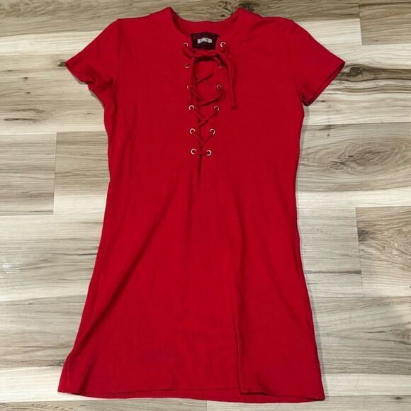 Reformation Caroline Lace Up Knit Red T-Shirt Mini Dress Women’s Small - Picture 4 of 5